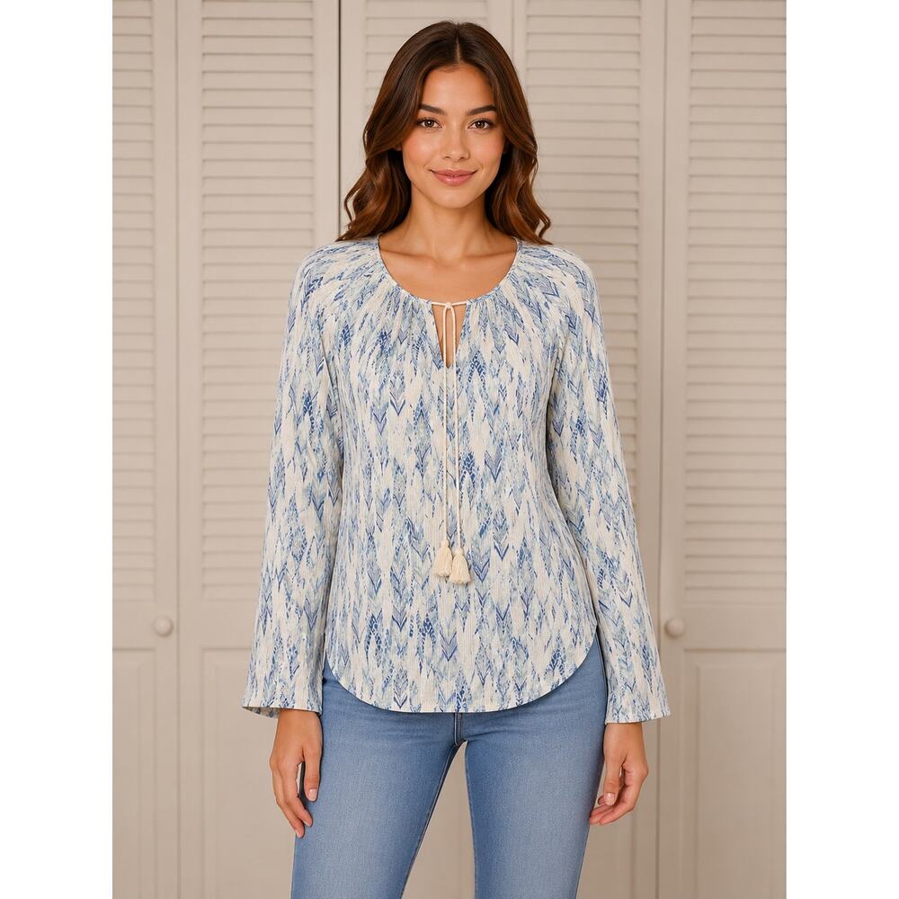 Love Stitch Blue White Boho Peasant Top Tassel Tie Neck Rayon Womens L